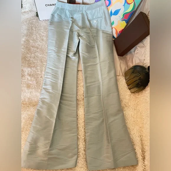 NWT Magaschoni 100% Dupioni Silk straight w little Flare Pants Light Blue Size 2 - Picture 8 of 14